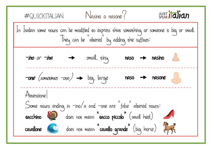 J_SpeakItalian's tweet photo. #QuickItalian: nasino or nasone? #Learn how to indicate smallness or to express largeness by adding suffixes to #Italian #nouns. #easygrammar #grammartips #italiangrammar #grammarpills #learnitalian #italianschool #speakitalian #italy #italianwords #small #large #tiny #big https://t.co/96wbH34uLt