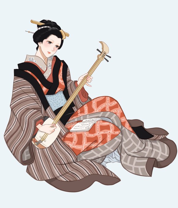 部屋でくつろぎながら三味線を爪弾きする美女。着物の上に羽織っているのは丹前(たんぜん)。褞袍(どてら)とも呼ばれますが、広袖の綿入れで寒い時期の部屋着です。生地は縞紬か縞木綿、掛襟は黒ビロードが主流。
歌川国貞『江戸名所百人美女 今戸』ヨリ #お江戸スタイルブック 