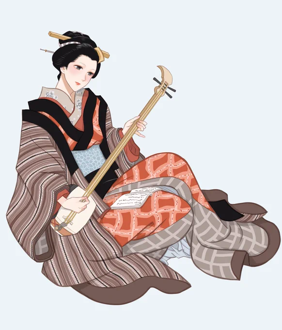 部屋でくつろぎながら三味線を爪弾きする美女。着物の上に羽織っているのは丹前(たんぜん)。褞袍(どてら)とも呼ばれますが、広袖の綿入れで寒い時期の部屋着です。生地は縞紬か縞木綿、掛襟は黒ビロードが主流。
歌川国貞『江戸名所百人美女 今戸』ヨリ #お江戸スタイルブック 