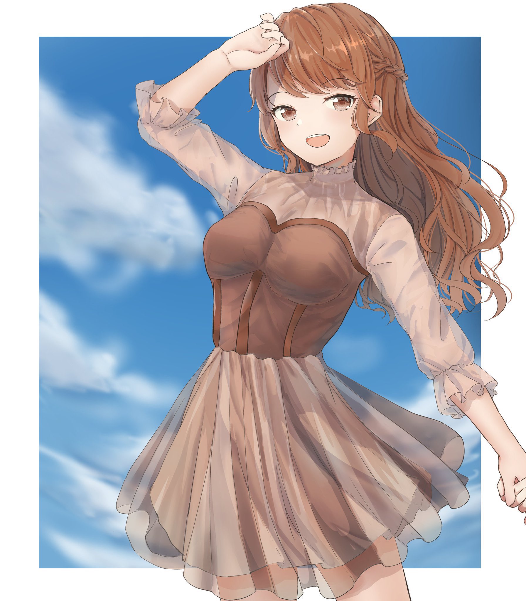 はまのか 太陽と月 太陽ちゃん オレンジ 白ぽい色中心に 眩しい感じから手で日差しを遮る姿 目をキュッとする感じ 髪の毛ふわふわでプロミネンス的な 注目を集める存在からアイドル衣装 手は対となる月ちゃんと繋いでます イラスト オリジナル