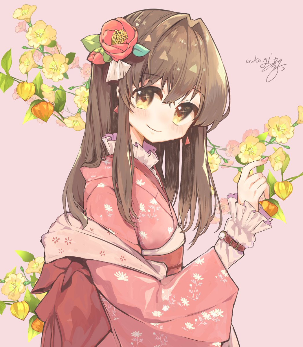 1girl kimono solo flower japanese clothes brown hair hair ornament  illustration images