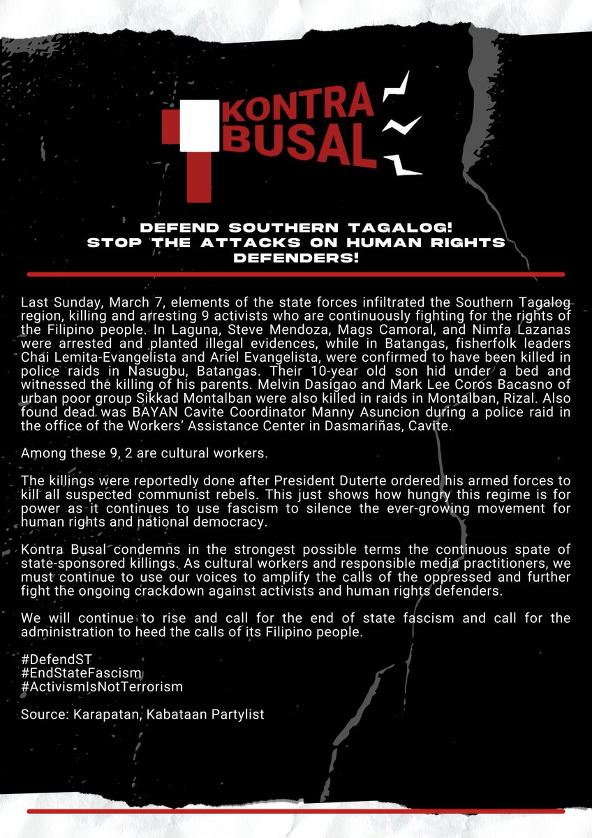 As cultural workers and responsible media practitioners, we must continue to use our voices to amplify the calls of the oppressed and further fight the ongoing crackdown against activists and human rights defenders. 

#DefendST
#EndStateFascism
#ActivismIsNotTerrorism