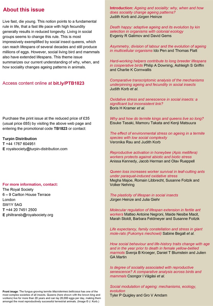 Special issue about #ageing and #sociality is out in #PhilTransB <a href="/RSocPublishing/">Royal Society Publishing</a> 

‘Ageing and sociality: why, when and how does sociality change ageing patterns?’
compiled and edited by Judith Korb &amp; Jürgen Heinze
royalsocietypublishing.org/toc/rstb/2021/…