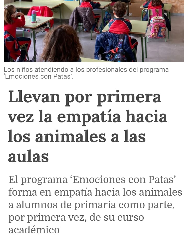 CACMA_es's tweet photo. El Colegio Amanecer de Alcorcón (Madrid) ha incorporado el programa de Intervenciones Asistidas con Animales (IAA) ‘Emociones con Patas’ como parte de la asignatura curricular ‘Aprender Haciendo’, para formar en empatía hacia los animales 
#empatia #niños 
https://t.co/mASqvq2t1t https://t.co/ZIj27tn0di