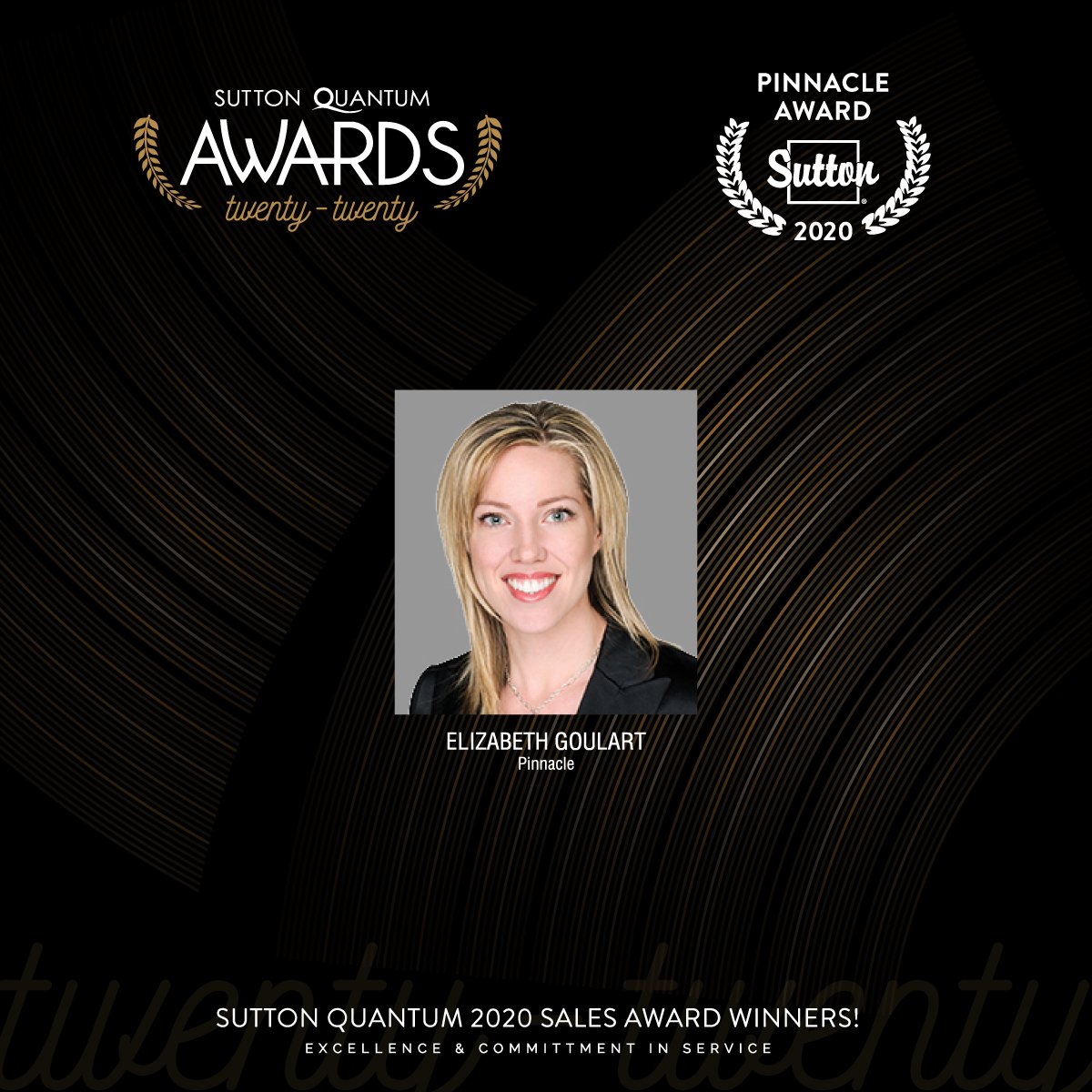 SuttonQuantum's tweet photo. 🏆🎉🙌Incredible hard work and dedication and a well deserved congratulations goes to our 2020 Sutton Quantum PINNACLE award winner, 🏆Elizabeth Goulart!

https://t.co/O5LK9CWYa2
#SalesAwards2020 #PinnacleAward #AwardWinners #SalesAwards #TopRealEstateAgents #MississaugaAgents https://t.co/QcRoF5jiYY