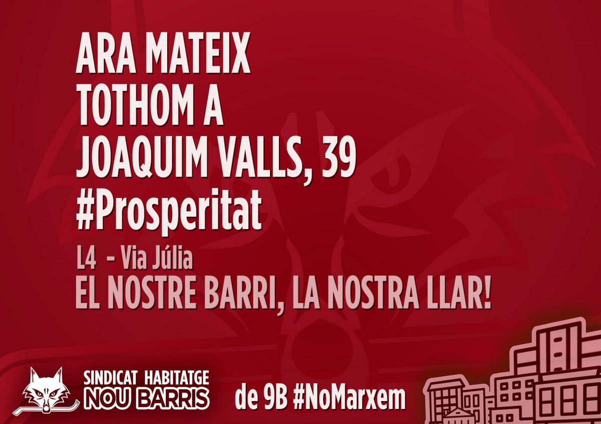 ⚠️ATENCIÓ, volen desallotjar il·legalment el bloc alliberat a C/ Joaquim Valls 39 a #Prosperitat us convoquem ARA MATEIX a totes i tots per defensar-ho!

EL NOSTRE BARRI, LA NOSTRA LLAR!#AlertaDesnonament #8M2021 #CapVeïnaForaDelBarri #NoMarxem