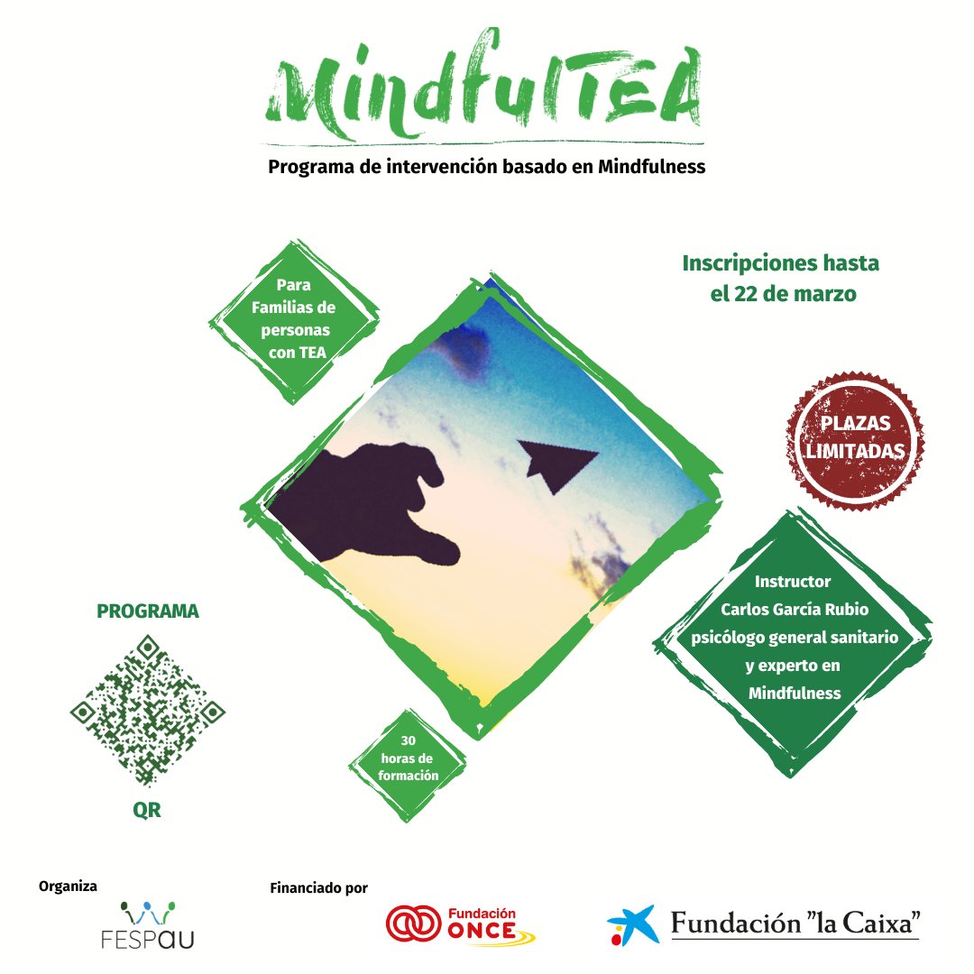 AutismoFESPAU's tweet photo. 📢Formación de #MindfulTEA dirigida a familias de personas con #TEA. 
🔹Aprenderemos a gestionar el estrés, reducir la ansiedad y adquirir mayor bienestar emocional.
🔹Programa en el QR del cartel
🔹Inscríbete en https://t.co/aYEah4vpcW
Quedan pocas plazas‼️
#autismo #Mindfulness https://t.co/czuqMQKRaQ