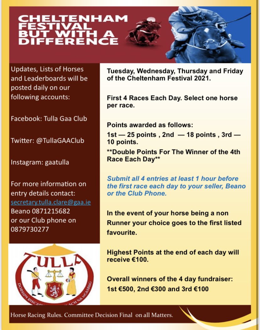 Only a week to go until Cheltenham 2021 is underway! 🐎 
Super cash prizes involved. You can buy tickets off any club members or my messaging our Facebook, Instagram, and Twitter pages!
An Tulach abú.