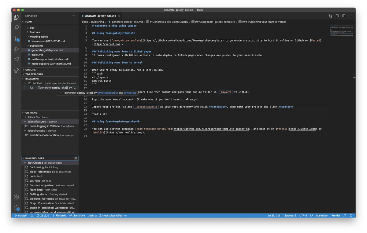 foamnotes's tweet photo. Foam 0.11.0 is out!
In this release we have added the Placeholders panel, which quickly helps you find your empty notes and placeholder links.
We have also added a backlinks panel, and fixed various bugs and issues. Enjoy! https://t.co/SrYZuUbBIA