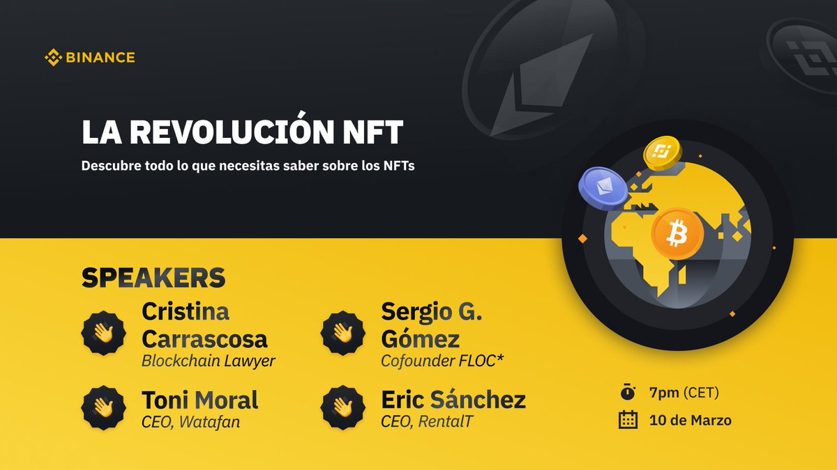 BinanceLATAM's tweet image. “La Revolución NFT” con @tonimoral23, @CarrascosaCris_, @esepuntoge, @EricSanchez11, @luisvae y The Crypto Economy. 

🕖Mañana, Miércoles 10 a las 19:00 CET en @joinclubhouse. 

¡Únete! joinclubhouse.com/event/xjDwdGom #NFTs