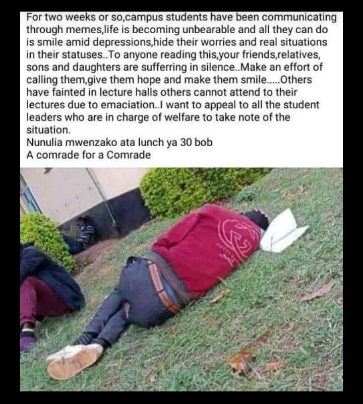 otieno_milongo's tweet photo. Comrades are really suffering. In fact a student fainted at Kabianga University 3 days ago because she had not eaten for days. This story should be highlighted. @RobertAlai @ItsMutai @HEBabuOwino @CisNyakundi https://t.co/gOHYC5xehR