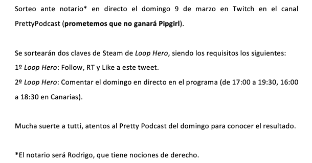PrettyGamesES's tweet photo. ¿Quieres jugar a Loop Hero gratis porque te lo regalan otros tres tíos blancos con un podcast?

ESTÁS DE ENHORABUENA, SORTEAMOS 2 LOOP HERO.

¿Requisitos? Se explican en las imágenes.
¿Restricciones? Ninguna.
¿Plataforma? Steam.

¿Fecha tope? EL PRÓXIMO DOMINGO 14 DE MARZO. https://t.co/jKfkXudpGk