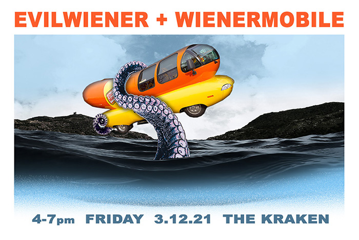 OMG, get off of work early &amp; bring your buns to <a href="/TheKrakenBar/">The Kraken</a>! Our hot dog grill-out is now Wienerstock '21! THE Oscar Mayer Wienermobile is rolling in from 4-6ish and THE Evil Wiener is rockin' the outdoor stage starting at 5. 
facebook.com/events/3384424…