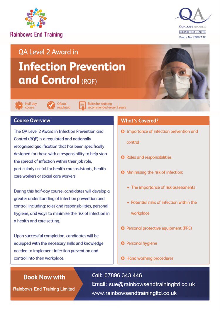 rainbowsendltd's tweet photo. WE ARE DELIGHTED TO BE APPROVED TO DELIVER:
The QA Level 2 Award in Infection Prevention and
Control (RQF) is a regulated and nationally
recognised qualification 
designed for those with a responsibility to help stop
the spread of infection
#infectionprevention #InfectionControl https://t.co/TQK3eeFUcY