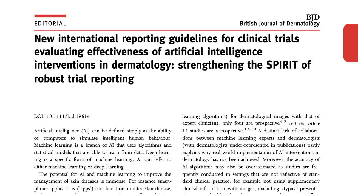 Editorial on SPIRIT-AI and CONSORT-AI by <a href="/m_charalam/">Maria Charalambides</a>, Rubeta Matin et al. Thank you <a href="/BrJDermatol/">BJD</a> for supporting better reporting of #AI clinical trials by asking for adherence to CONSORT-AI in future submissions 
onlinelibrary.wiley.com/doi/epdf/10.11…
<a href="/EQUATORNetwork/">EQUATOR Network</a>