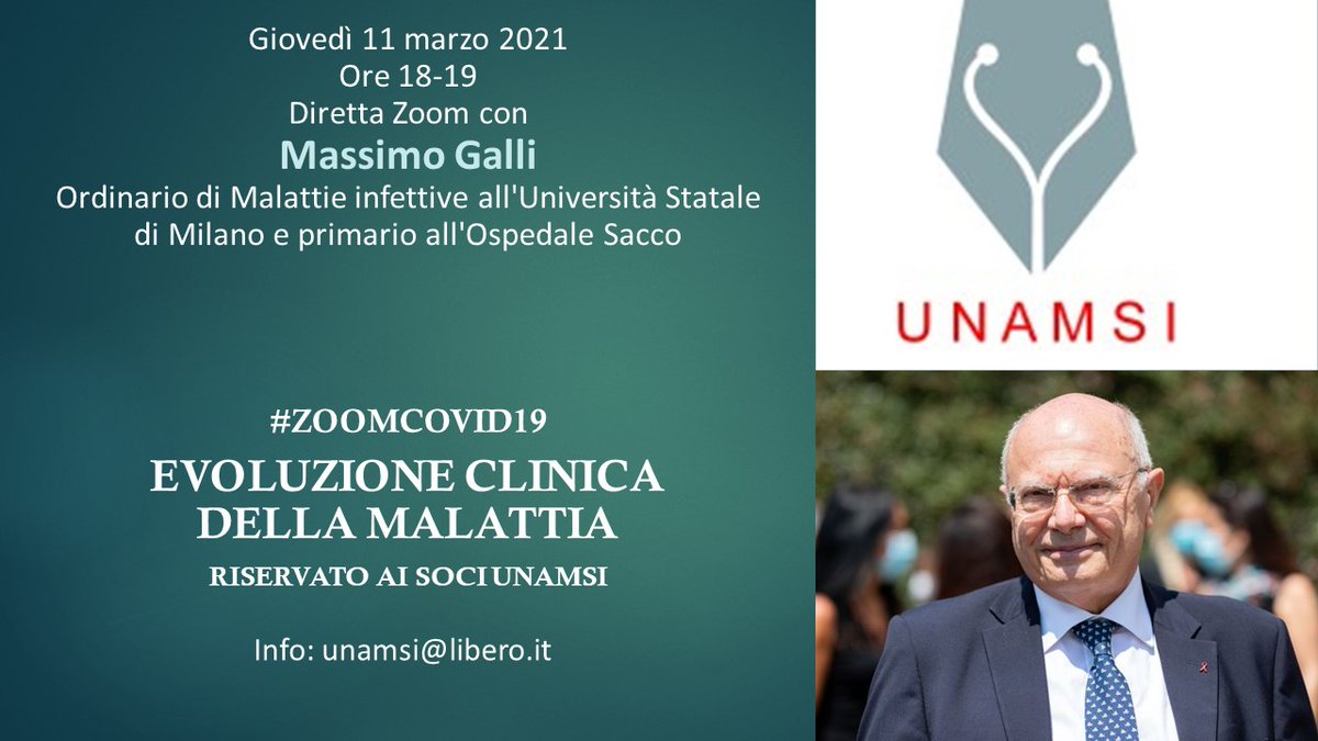 nicola miglino (@nicolamiglino) on Twitter photo Perché c’è chi è totalmente #asintomatico e chi, invece, finisce in terapia intensiva o peggio?
Ne parliamo Giovedì 11 marzo 2021 con
#Massimo #Galli
Ordinario di Malattie infettive all'Università Statale di Milano - #ZoomCovid19
Riservato ai soci Unamsi
Info: unamsi@alice.it Perché c’è chi è totalmente #asintomatico e chi, invece, finisce in terapia intensiva o peggio?
Ne parliamo Giovedì 11 marzo 2021 con
#Massimo #Galli
Ordinario di Malattie infettive all'Università Statale di Milano - #ZoomCovid19
Riservato ai soci Unamsi
Info: unamsi@alice.it