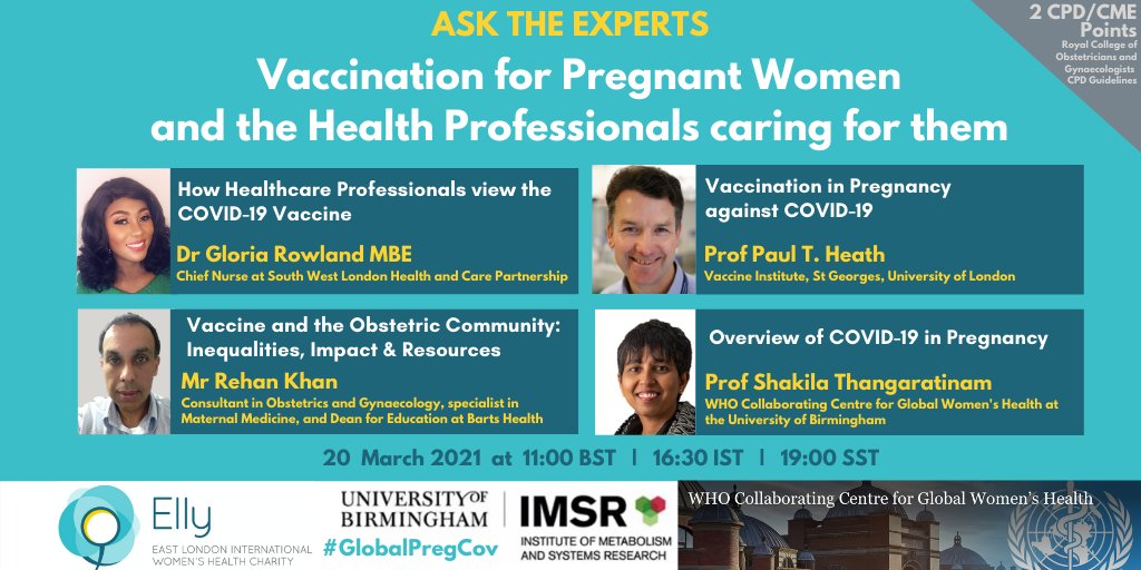 #Vaccination for #Pregnant Women and the #Health #Professionals caring for them (1h Webinar with Q&amp;A)

🗓️20 March 
👉bit.ly/3bp0LhY

Everyone Welcome including those wanting to get pregnant, pregnant or #breastfeeding &amp; health professionals #GlobalPregCov #CovidVaccine