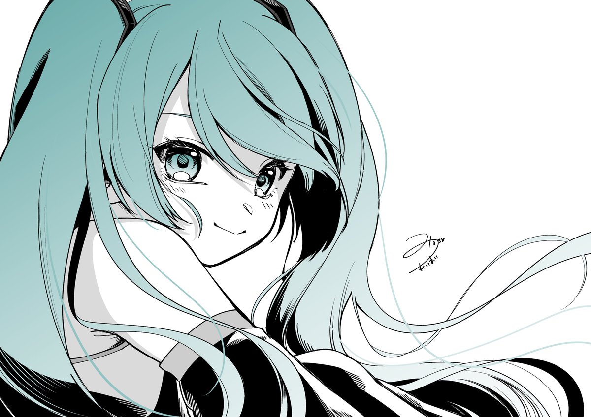hatsune miku 1girl solo long hair twintails smile white background detached sleeves  illustration images
