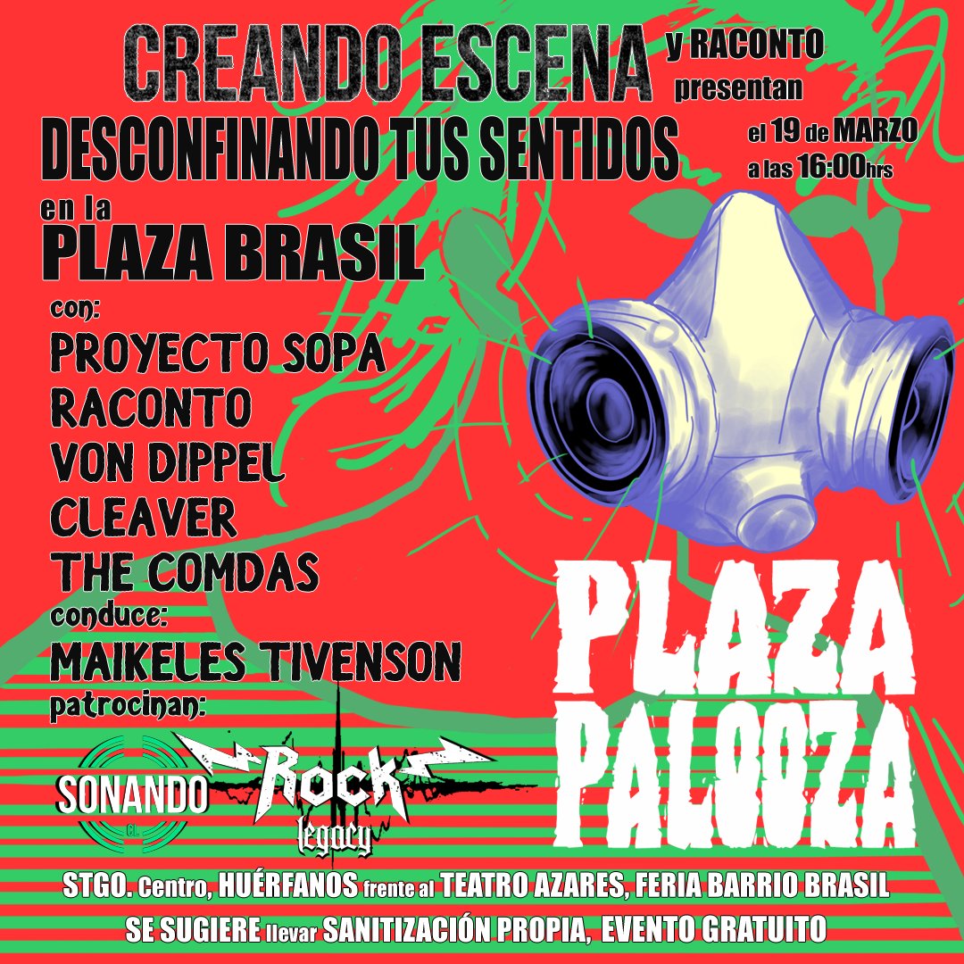 Próximo viernes 19 de marzo nos presentamos en #PlazaBrasil en #Plazapalooza 😁 acústico con <a href="/cleaverband/">Cleaver</a>, <a href="/vondippel/">Von Dippel</a>, <a href="/proyectosopa/">proyectosopa</a> y @thecomdas 🙌 animado por @maikelestivenson🎙
Organiza @creandoescena 🔥
Apoya @feriabarriobrasil  🤛
Colaboran <a href="/rocklegacy_cl/">Rock Legacy Webzine</a> y <a href="/sonandocl/">Sonando.CL</a> 🖤 📰