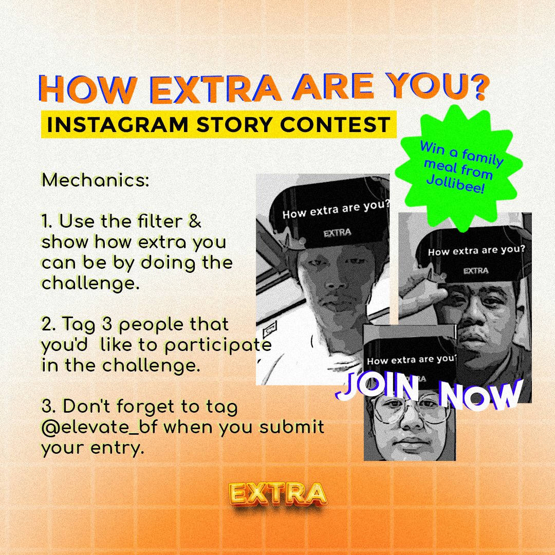 Elevate_BF's tweet photo. How extra are you? 🤔 Share and get a chance to win a Jollibee family meal! 🙌🏻

Read the poster for the full mechanics. 😃

The winner will be announced in the HANGOUTS of the said event! No Hangouts attendance = no prize! 😉

See you there! #BeExtra https://t.co/Dax8dNm85Y