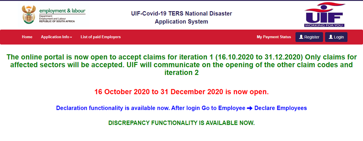 UIFBenefits's tweet photo. Dear clients, we are accepting #Covid19TERS applications for the 16 October 2020 to 31 December 2020 period. Visit https://t.co/mIHQ2bzwfu to apply. #UIF #WorkingForYou https://t.co/L8b1AlQSUR