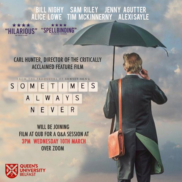 Looking forward to chatting to my old friend and colleague Aimee Mollaghan and her students about <a href="/Sometimesmovie/">SometimesAlwaysNever</a>  <a href="/qubscreen/">QUB Film & Broadcast</a> tomorrow. Shame I can’t be in Belfast @HurricaneFilms <a href="/frankcottrell_b/">Frank Cottrell-Boyce</a> <a href="/edgehill/">Edge Hill University</a> <a href="/edgehillice/">Edge Hill ICE</a> @ProfPateman #LoveQUB