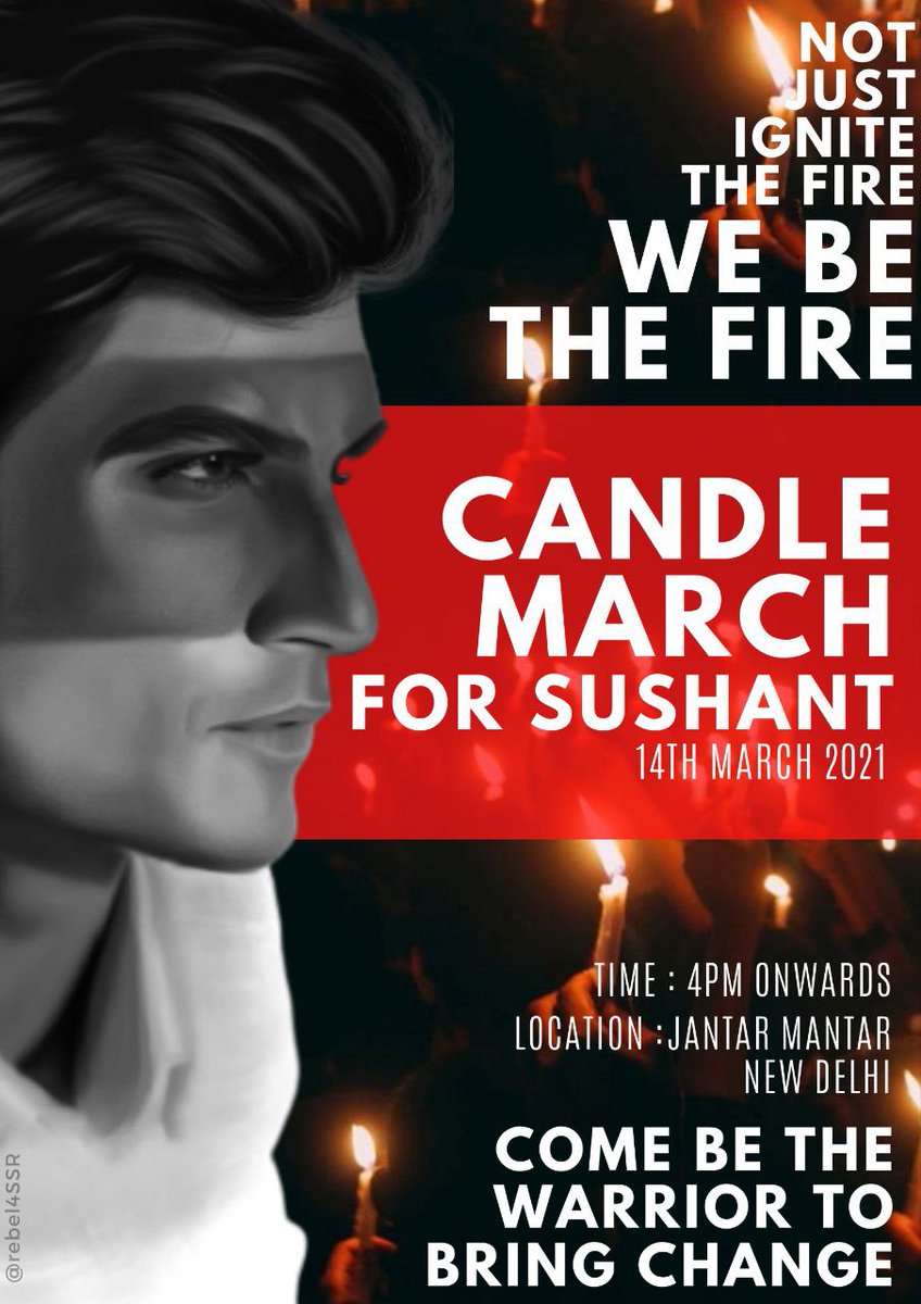 rochika's tweet photo. #Candle4SSR
#Delhi4SSR

Remembering @itsSSR
9 Mnths since he left us but
Fight for #JusticeforSSR Continues..

Calling Delhi Warriors for #CandleProtest

Date: 14th March, Sunday
Time: 4 PM onwards 
Location: JANTAR MANTAR, NEW DELHI

#ChaloDelhi

Capital Punishment 4 SSR Killers https://t.co/DFaXMmExun