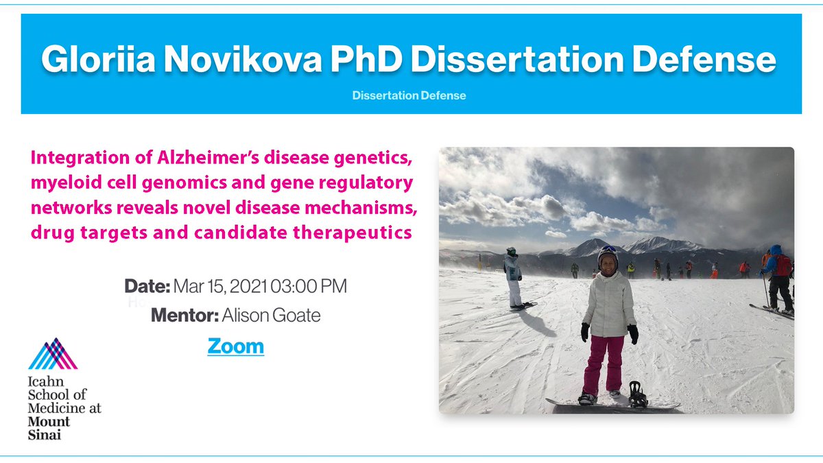 SinaiBrain's tweet photo. ✨3/15 #GoateLab's Gloriia Novikova for her #PhD #Dissertation Defense: "Integration of #Alzheimersdisease genetics, myeloid cell genomics &amp; gene regulatory networks reveals novel disease mechanisms, drug targets &amp; candidate therapeutics" https://t.co/IiI4lskLx2 
@GradSchoolSinai https://t.co/DWPB2teTdS