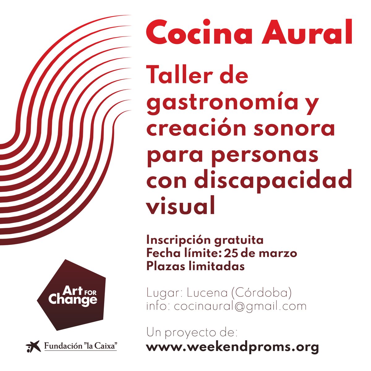 AytoLucena's tweet photo. 🍲 @cocinaural, un proyecto cultural dirigido a personas con discapacidad visual.
Una iniciativa de @WeekendProms que combina gastronomía y creación sonora como base para la creación artística.
Inscripciones abiertas: hasta el 25 de marzo.
Más info 👉 https://t.co/2ApavA0Eez https://t.co/NfikcHmtUD