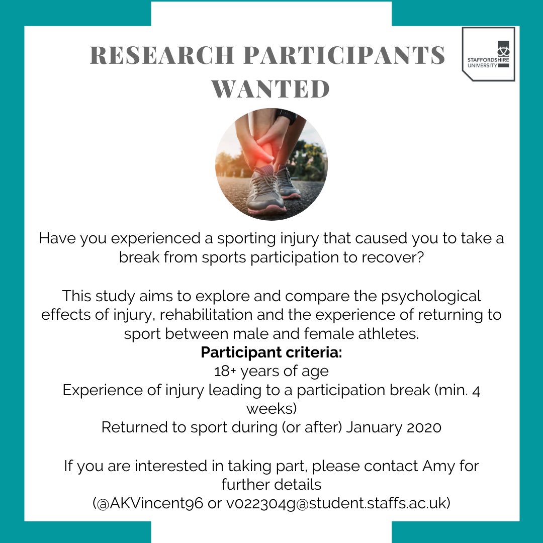 AmeKate96's tweet photo. 📢📢 THESIS PROJECT PARTICIPANTS NEEDED...

If you’ve experienced a sports injury that lead to a break in participation, and returned to sport during/since January 2020 please read below!!⬇️⬇️

(RTs greatly appreciated also) https://t.co/AoBgX7Am7u