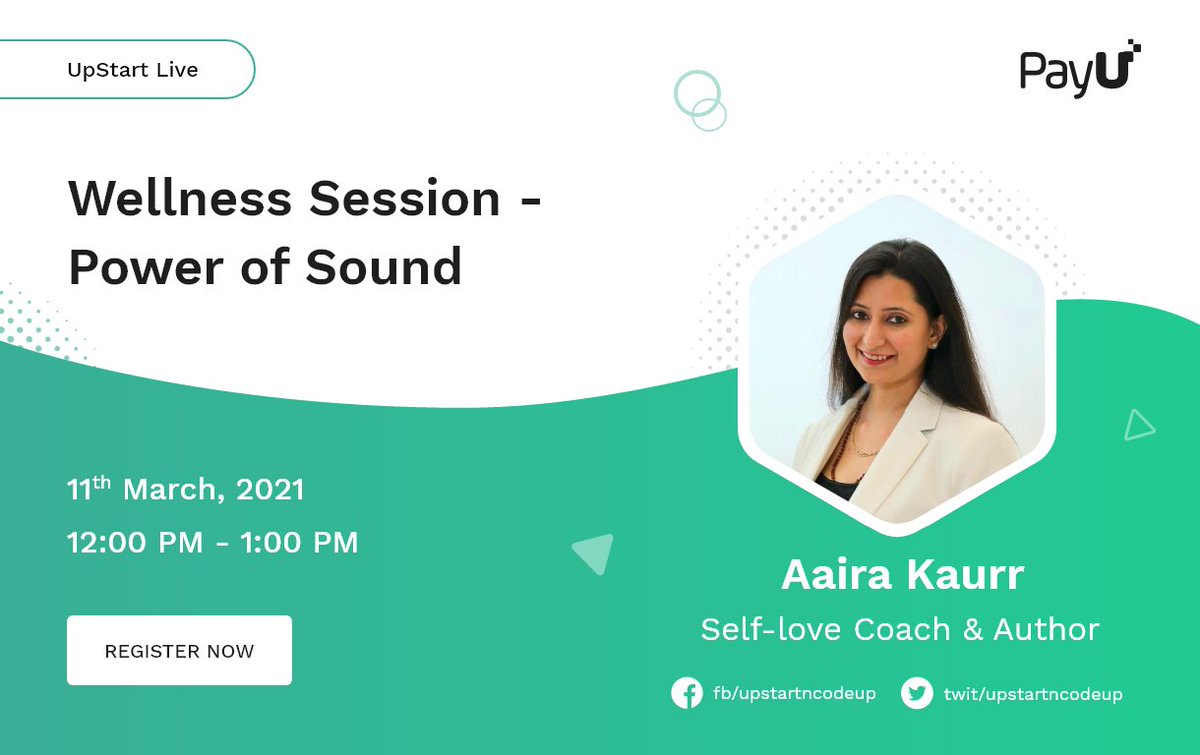 PayUindia's tweet photo. Humans are vibrational beings and sound affects every part of our lives – from #health to relationships and even #business! Harness it with PayU #UpStartLive Wellness session on Power of Sound, Mar. 11th, 12pm with #selflove coach Aaira Kaur. 
Register https://t.co/Q0xmSxZn8Q https://t.co/nsjRhGXht5