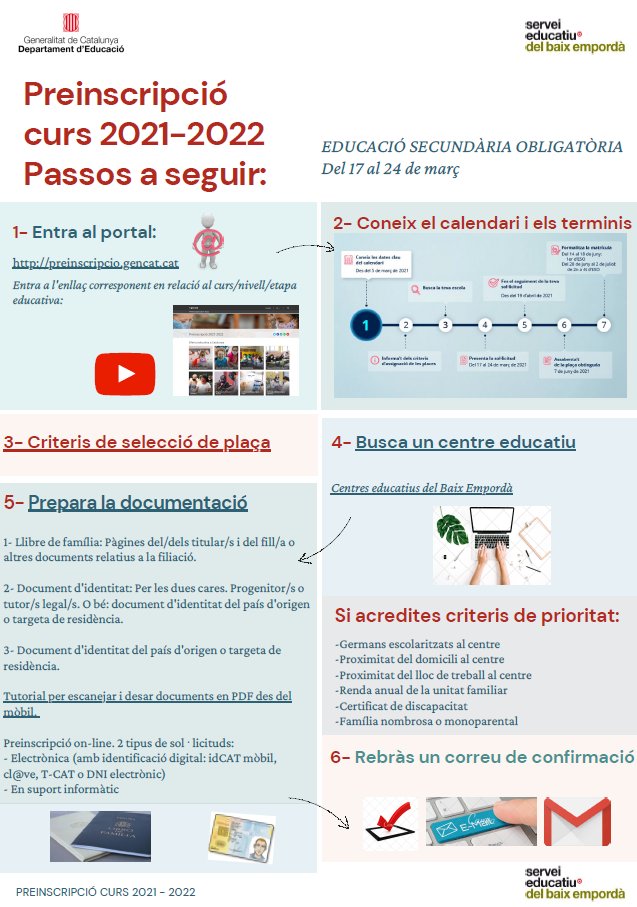 SEBaixEmporda's tweet photo. 📢 Amb l’objectiu d��oferir-vos suport amb la preinscripció del curs escolar 2021-2022 🗓️, hem elaborat aquestes infografies en format pdf 💻🔗 (contenen enllaços). Properament, versions en àrab 👇👇

https://t.co/GH79By5i3r https://t.co/oXY99KaE2X