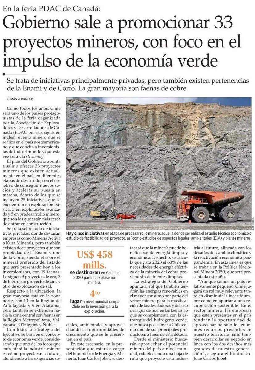 #PrensaMinería 🗞 Este martes <a href="/ElMercurio_cl/">elmercurio_cl</a> destaca la participación de Chile 🇨🇱 en la feria #PDAC2021, donde nuestro país promocionará proyectos mineros con foco en el impulso de la economía verde.

Nota completa 👇