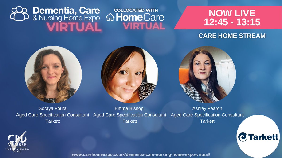 CareDementiaEx's tweet photo. 📣Live NOW at #Carevirtual21📣

Soraya Foufa, Emma Bishop and Ashley Fearon Aged Care Specification Consultants
from @TarkettUK are discussing  'Dementia Design using a Virtual Reality Empathy Platform '

Watch their session Now https://t.co/rdPEcPc85F