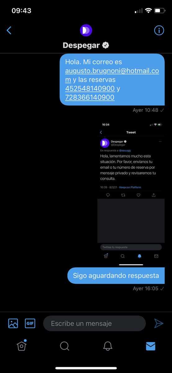 aauugg's tweet photo. @Despegar sigo esperando respuesta. Uds me piden que les pase los datos y no responden. Que tengo q hacer para que me den una solución? https://t.co/AWmUrBcjN0