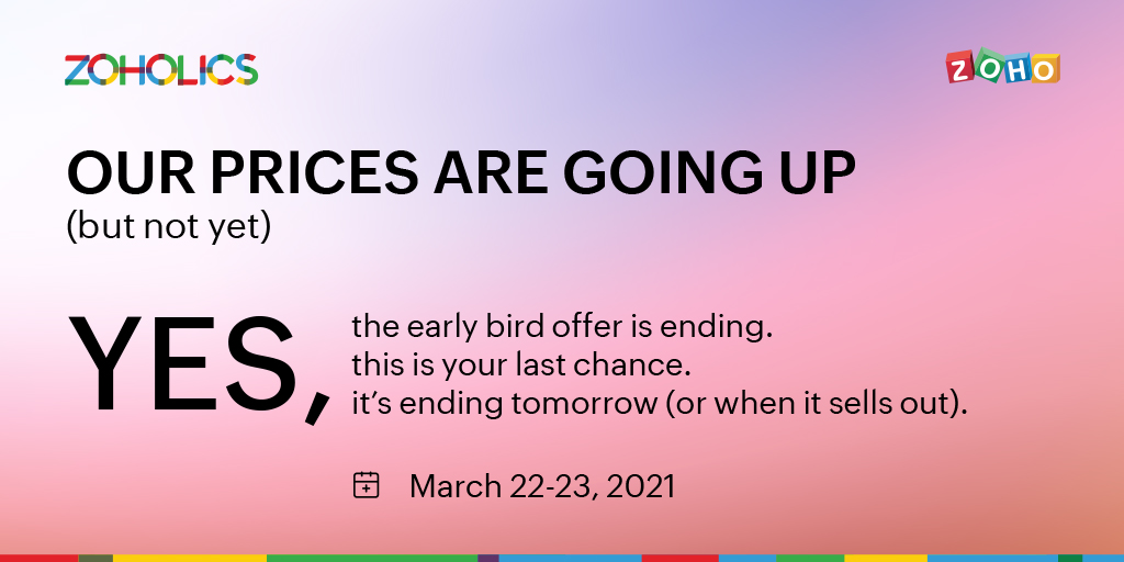 If you're planning on attending Zoholics Dubai, make sure to pick up your tickets before our early bird offer ends tomorrow! 
Now's the time to save your spots: zoho.to/ZDSM3
#ZoholicsMEA #GoZoho <a href="/Zoholics/">Zoholics</a>