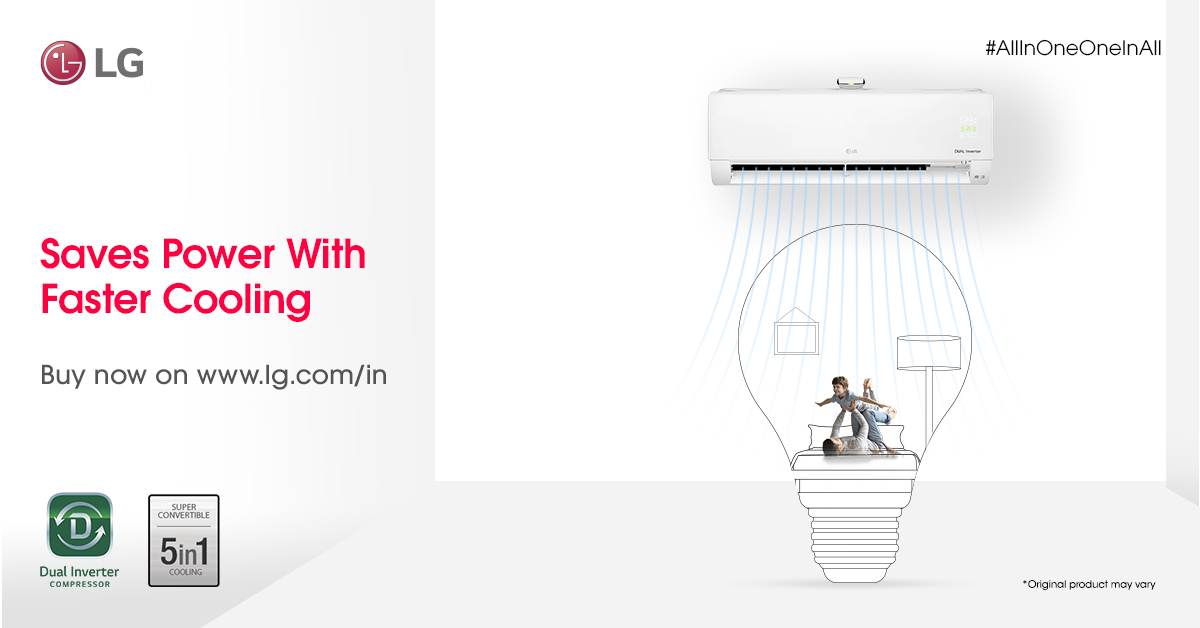LGIndia's tweet photo. The LG #AllInOneOneInAll AC with #SuperConvertible 5-in-1 technology, helps you save on power consumption by changing the cooling capacity as per your room activity levels.
Buy now on
https://t.co/y4uBRYm2BB
#SmartAC #LGDualCool #SuperCovertibleTechnology #InverterAC https://t.co/7oayfk4Lio