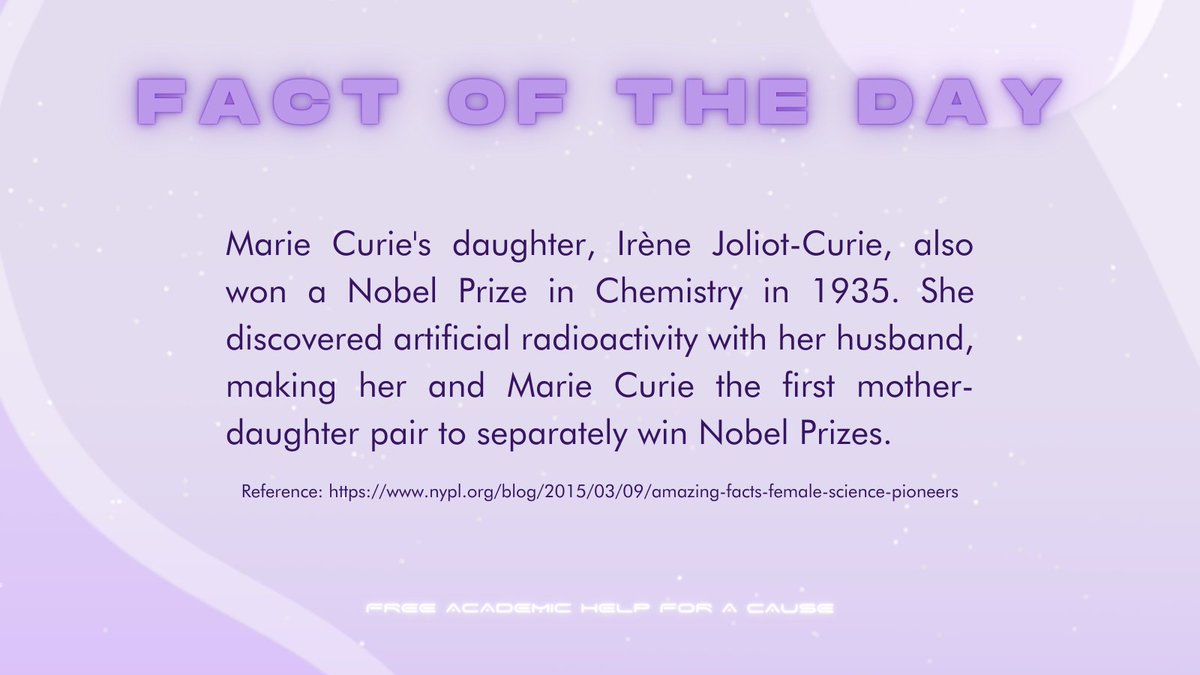 FreeAcadHelpPH's tweet photo. Did you know? 🤔

Irène Joliot-Curie won a Nobel Prize in Chemistry in 1935. She discovered artificial radioactivity with her husband, making her and Marie Curie the first mother-daughter pair to separately win Nobel Prizes.

Layout by: Gianna Santiago

#FunFAHC
#FreeAcadHelpPH https://t.co/tgOKpKYn6q