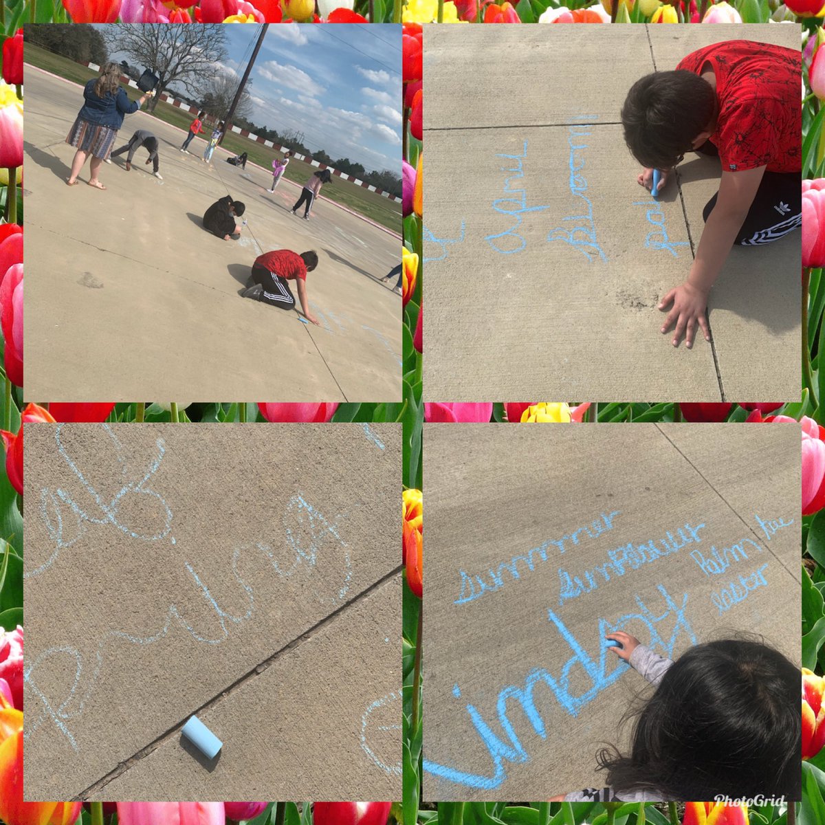 shill97's tweet photo. @StefaniPerkins4 Taking advantage of a beautiful afternoon practicing handwriting outside.  Even 5th graders enjoy sidewalk chalk. #rrechat https://t.co/c6GByEWU29