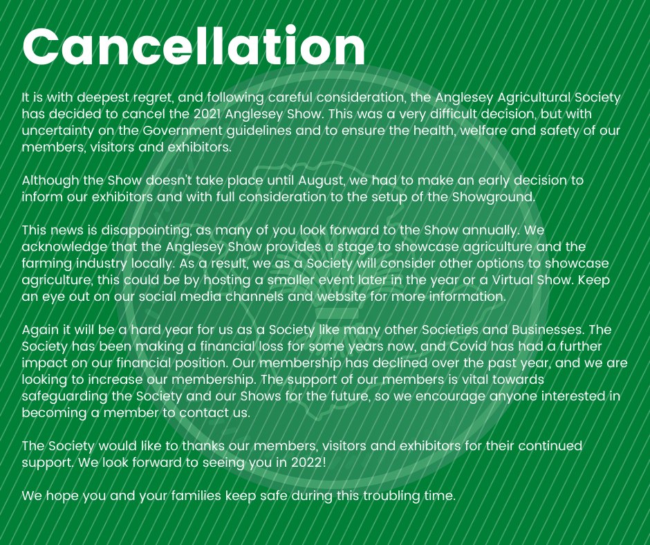 Anglesey Show Cancellation - With deepest regret we announce that the Anglesey Show will not go ahead this Summer. More details available in the statement...
