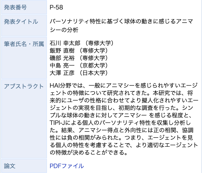 公式 大澤研究室 Rings 次世代社会研究センター 日大文理 On Twitter 学会発表 パーソナリティ特性に基づく球体の動きに感じるアニマシーの分析 大澤研究室の専修大学3年の石川が9時からショート発表を行います ぜひご覧ください Hais2021 大澤