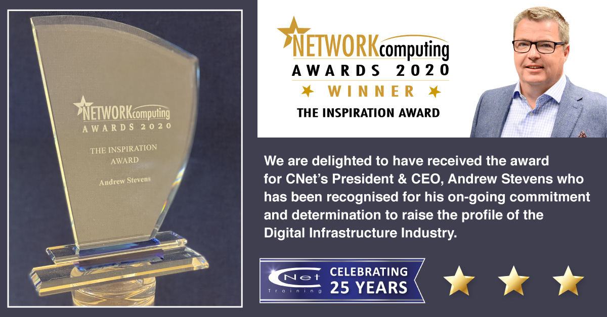CNettraining's tweet image. We are delighted to have received 'The Inspiration Award' award following the 2020 @NCMagAndAwards. The Inspiration Award recognises @CNettraining's CEO Andrew Stevens for his on-going commitment to the Digital Infrastructure Industry.
#cnettraining #networkcomputing