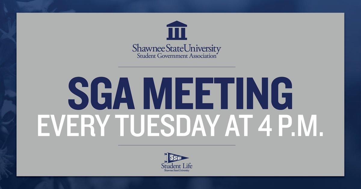 SSUstudentlife's tweet photo. Join the Student Government Association for their weekly meeting today at 4 p.m. Meetings are open to all registered students.
Meetings are held virtually through Zoom.
Contact SGA π²: sga@mymail.shawnee.edu
#ShawneeState #SSUSGA π» https://t.co/odQ9ykDVqt