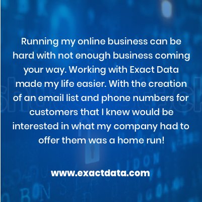 ExactData's tweet image. Looking for data in a specific industry or niche? #ExactData will support your marketing efforts to move your business forward. #TestimonialTuesday #LeadersinTargetedLeads #ExactDataDifference