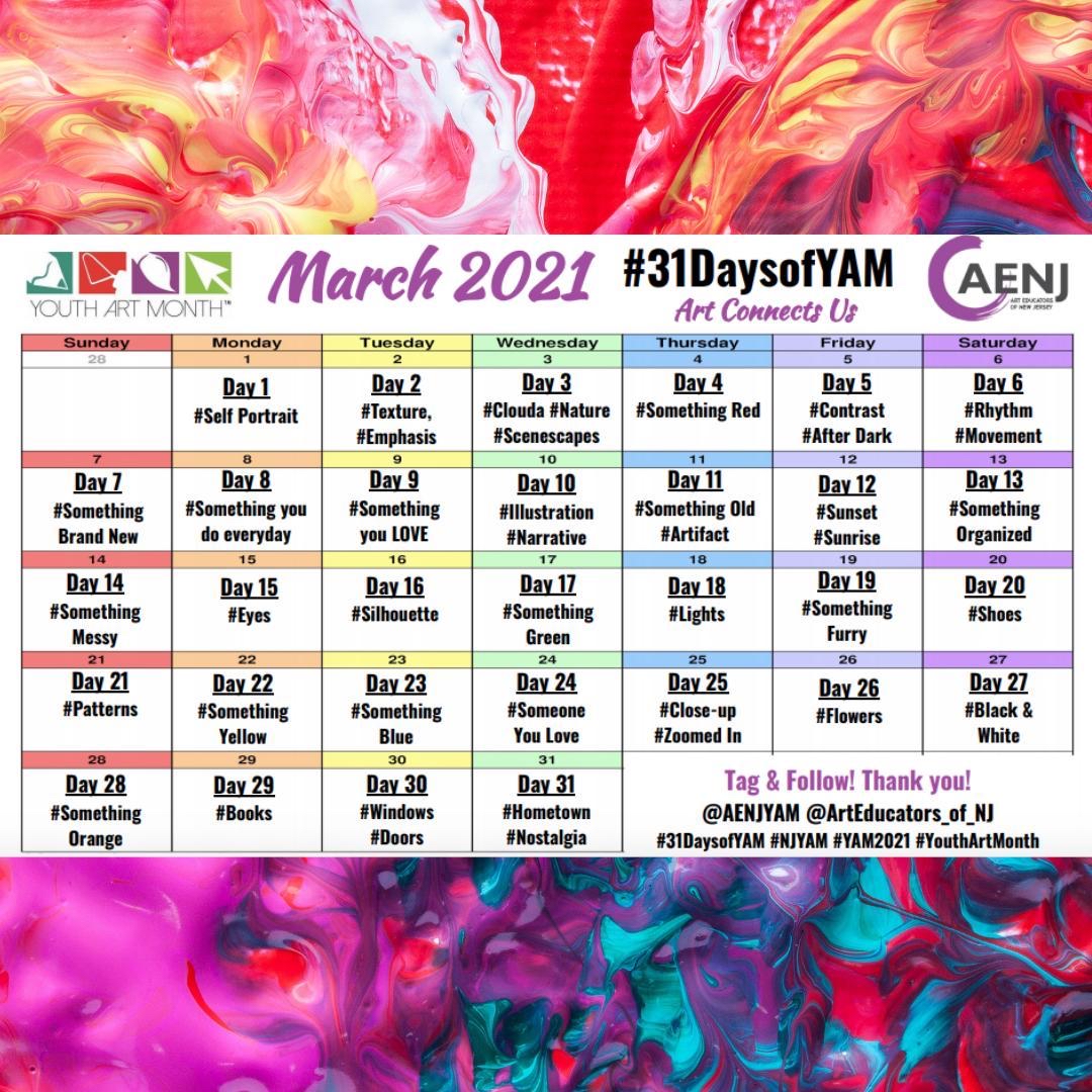 ArtEducatorsNJ's tweet photo. HAPPY YOUTH ART MONTH!! π₯ππ¨ We will be celebrating again with #31DaysofYAM this #youthartmonth β£οΈ Tag each day with its theme πΈ Post student artπ©βπ¨ Show us how Art Connects Us in 2021 π @aenjyam @youthartmonth @arteducators_of_nj #njyam2021 #artconnectsus #yam2021 https://t.co/yEGxThyOTY