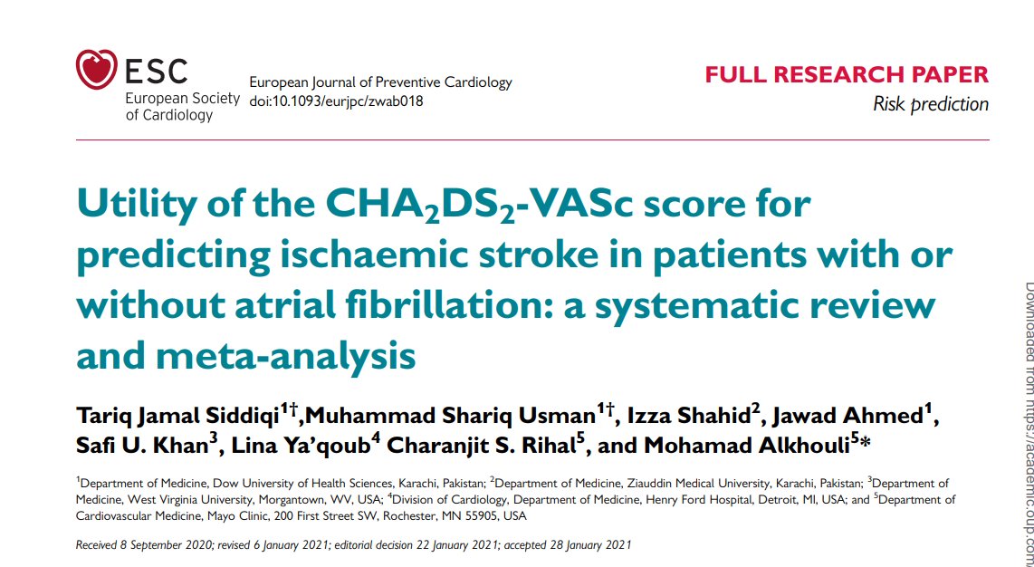 ShariqUsmanMD's tweet photo. The CHA2DS2-VASc Score does NOT accurately predict risk of stroke in patients with Afib

Understandable, given that CHA2DS2-VASc is a vascular score w/ no Afib parameters

Time for a better risk model for clinic and research?

Honor working w/ @adnanalkhouli @safinmc @ChetRihal https://t.co/MqaRbtYEpr