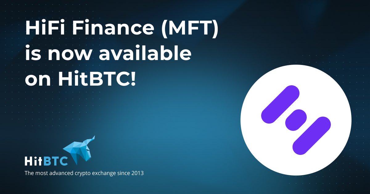 hitbtc's tweet image. Dear Traders,

We have successfully added MFT by HiFi Finance to our platform.

Trade $MFT against $BTC and $USDT, visit: hitbtc.com/mft-to-btc