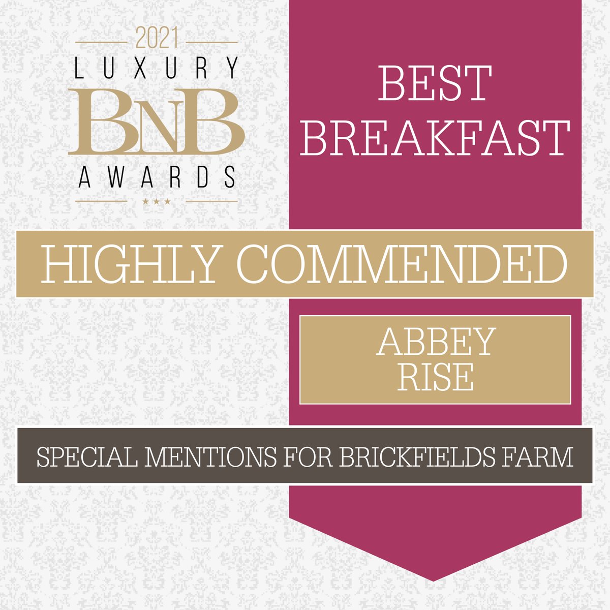 Luxury BnB Magazine - Print & Digital (@luxury_bnb) on Twitter photo * LBNB AWARDS 2021*
Congratulations to <a href="/AbbeyRise/">Abbey Rise B&B</a> for receiving Highly Commended in our Best Breakfast category!
Congrats to Brickfields Farm Luxury Breaks who received special mentions!
#awards #hospitality #luxury #luxurybnb #hotel #guesthouse #holidaylet #highlycommended * LBNB AWARDS 2021*
Congratulations to <a href="/AbbeyRise/">Abbey Rise B&B</a> for receiving Highly Commended in our Best Breakfast category!
Congrats to Brickfields Farm Luxury Breaks who received special mentions!
#awards #hospitality #luxury #luxurybnb #hotel #guesthouse #holidaylet #highlycommended