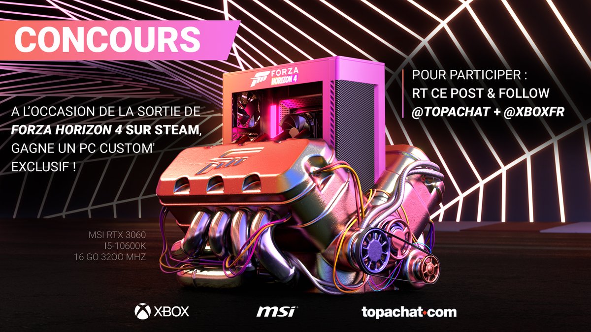🎁 #Concours 🎁

Avec les bro de @XboxFR, on te fait gagner un PC Custom Forza Horizon 4 en exclu ! 🔥 
i5-10600K - DDR4 16 Go - RTX 3060

Pour participer :
✅ Follow @TopAchat + @XboxFR
✅ #RT

🍀 TAS : 16/03 après midi