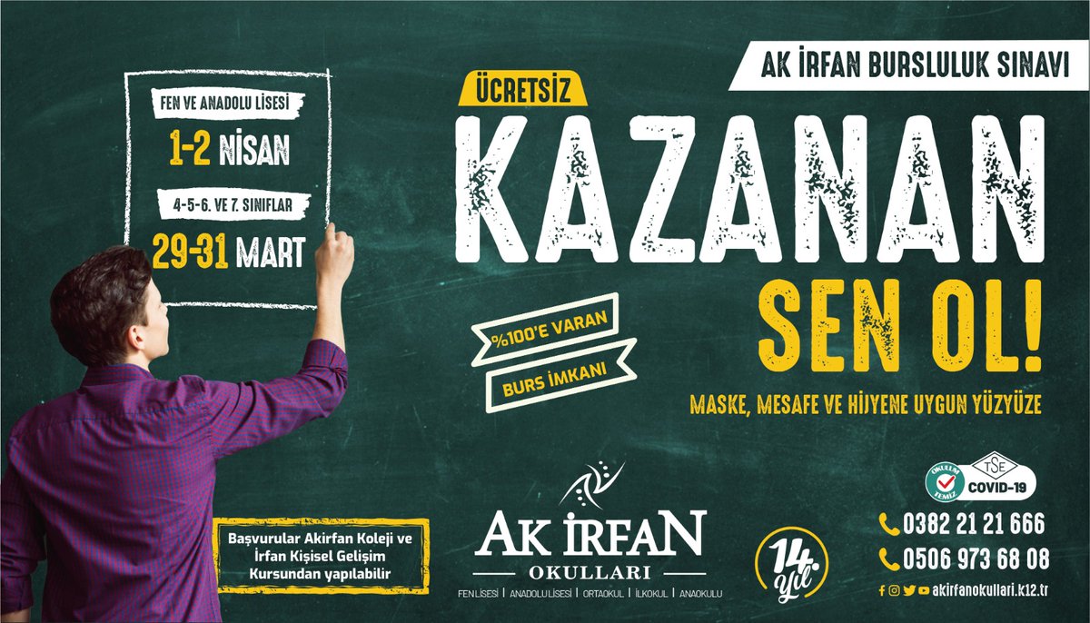 🏆Ak İrfan Bursluluk Sınavının Kazananı Sen Ol!
👉 Lise Sınav Tarihi 1-2 Nisan 2021
👉4.5.6. ve 7. Sınıflar Sınav Tarihi 29-31 Mart 2021
✅Başvuru Yerleri: Ak İrfan Koleji ve İrfan Kişisel Gelişim Kursu
✅Tecrübeli ve Başarılı
📞(0382) 21 21 666
#dogruyerdesin #akirfankoleji